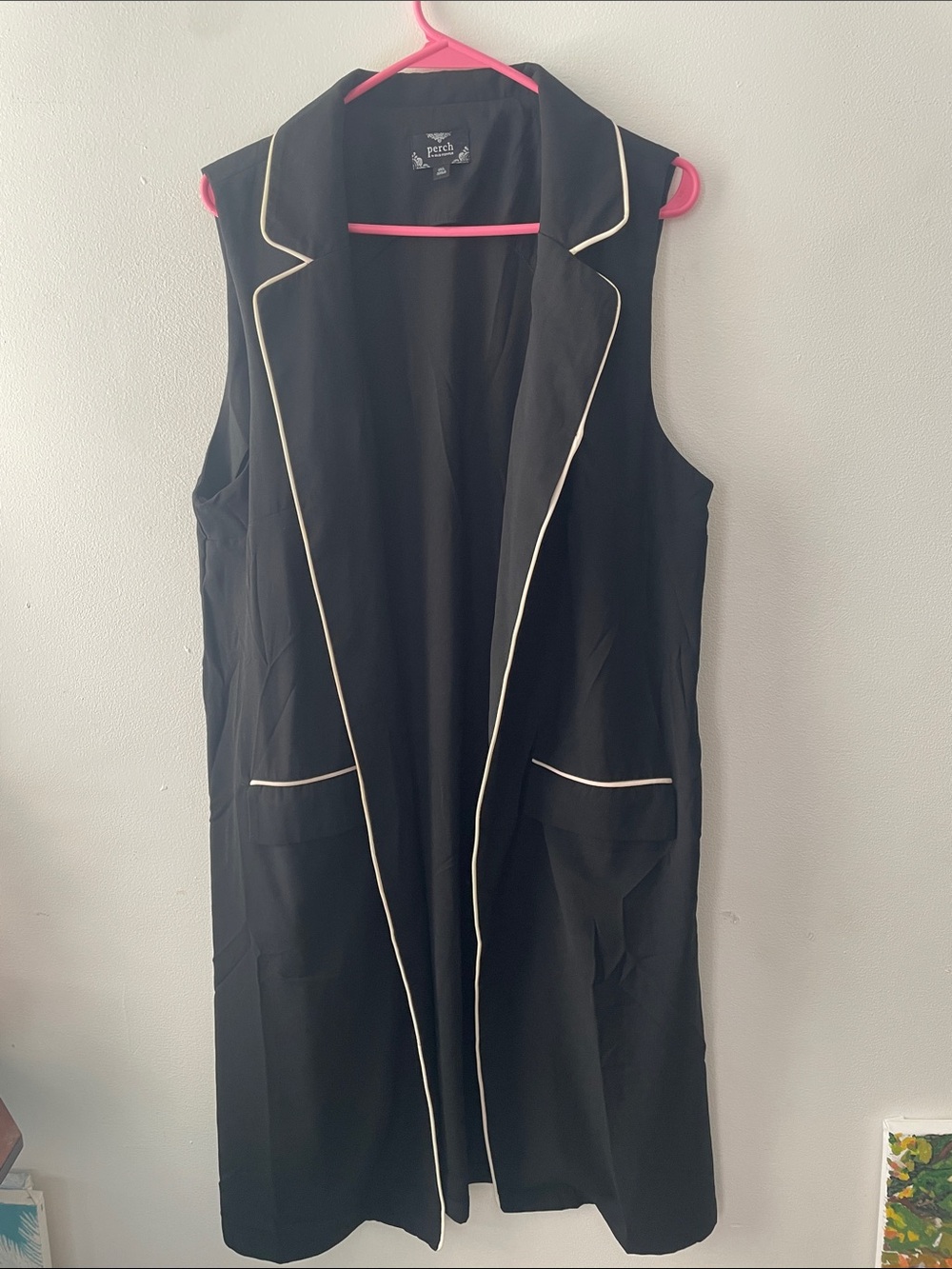 Plus size Perch Black Sleeveless Long Vest with White Piping xxl